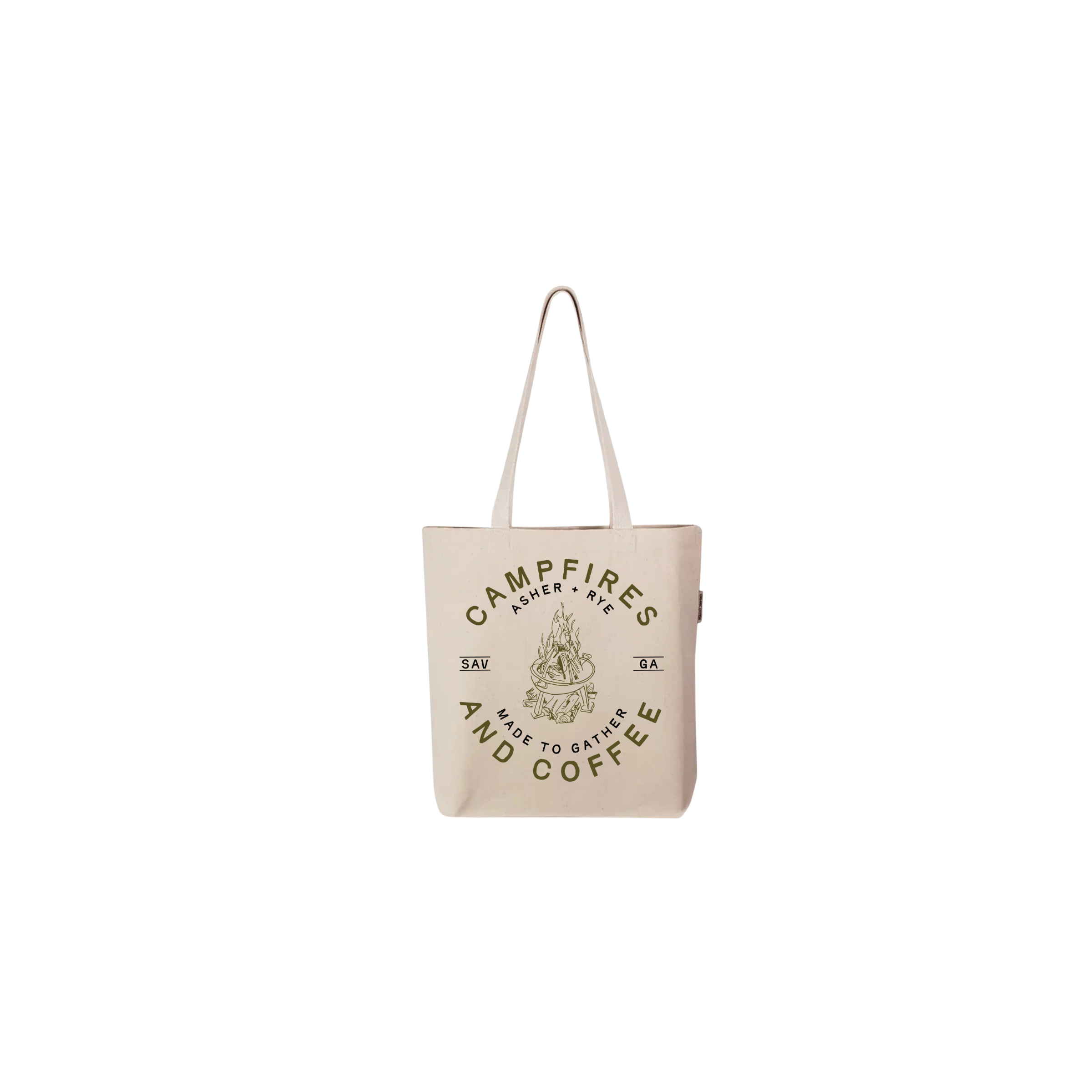 Cotton Creations SHOP Olive Green Campfires + Coffee Tote