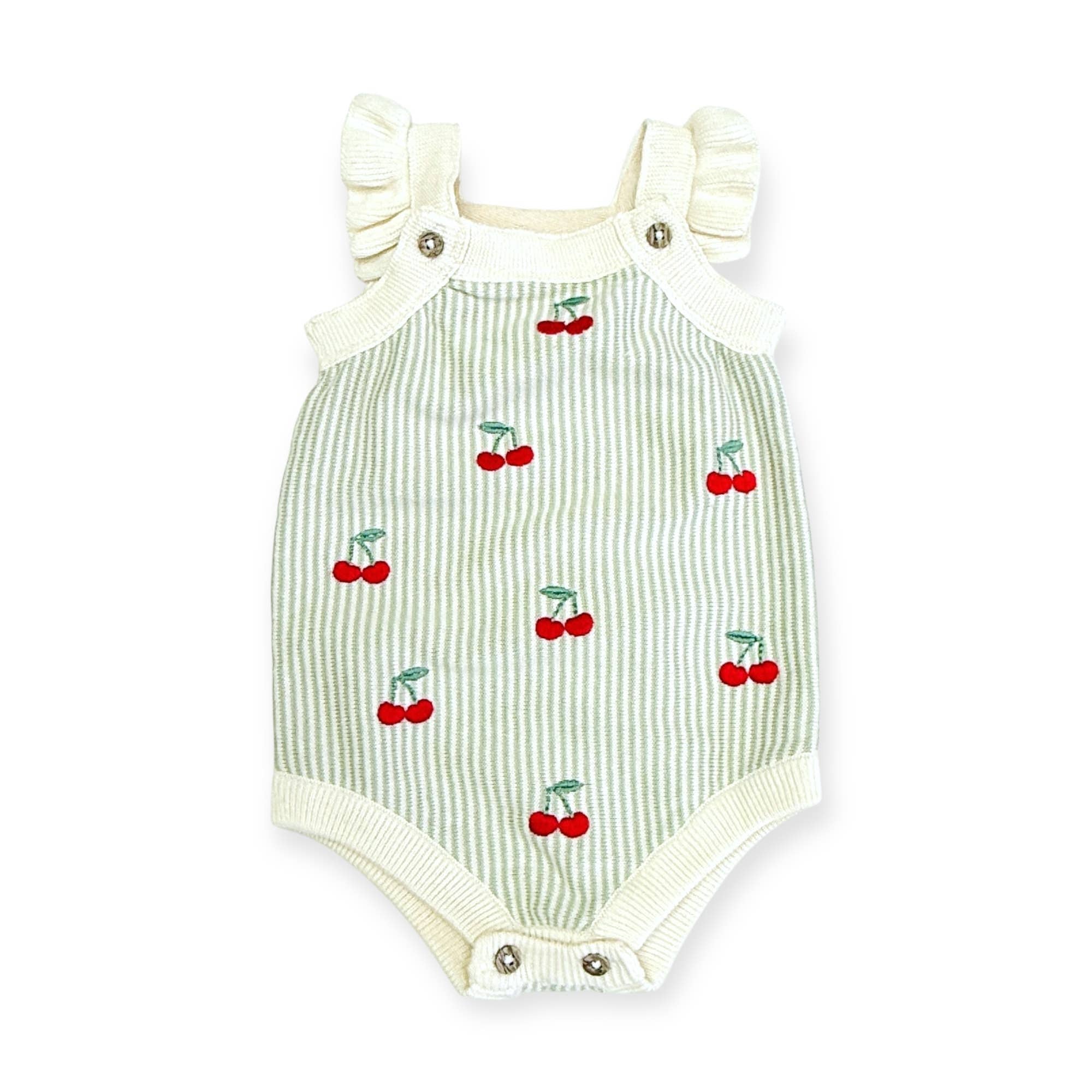Viverano Organics SHOP Natural/Sage Stripe / 0-3 Mo. Cherry Stripe Embroidered Baby Ruffle Romper Set