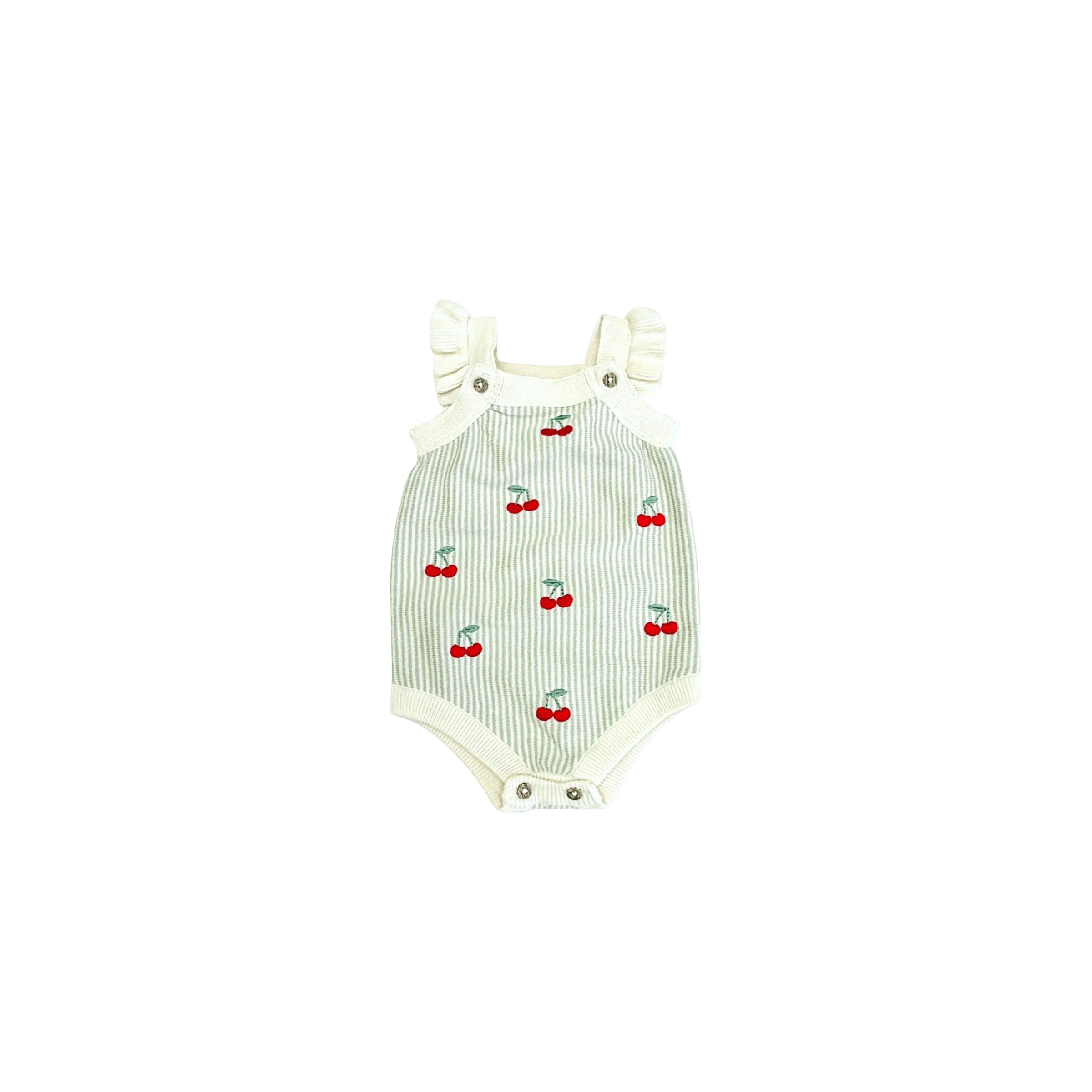 Viverano Organics Baby Clothing Natural/Sage Stripe / 3-6M Cherry Stripe Embroidered Baby Ruffle Romper Set
