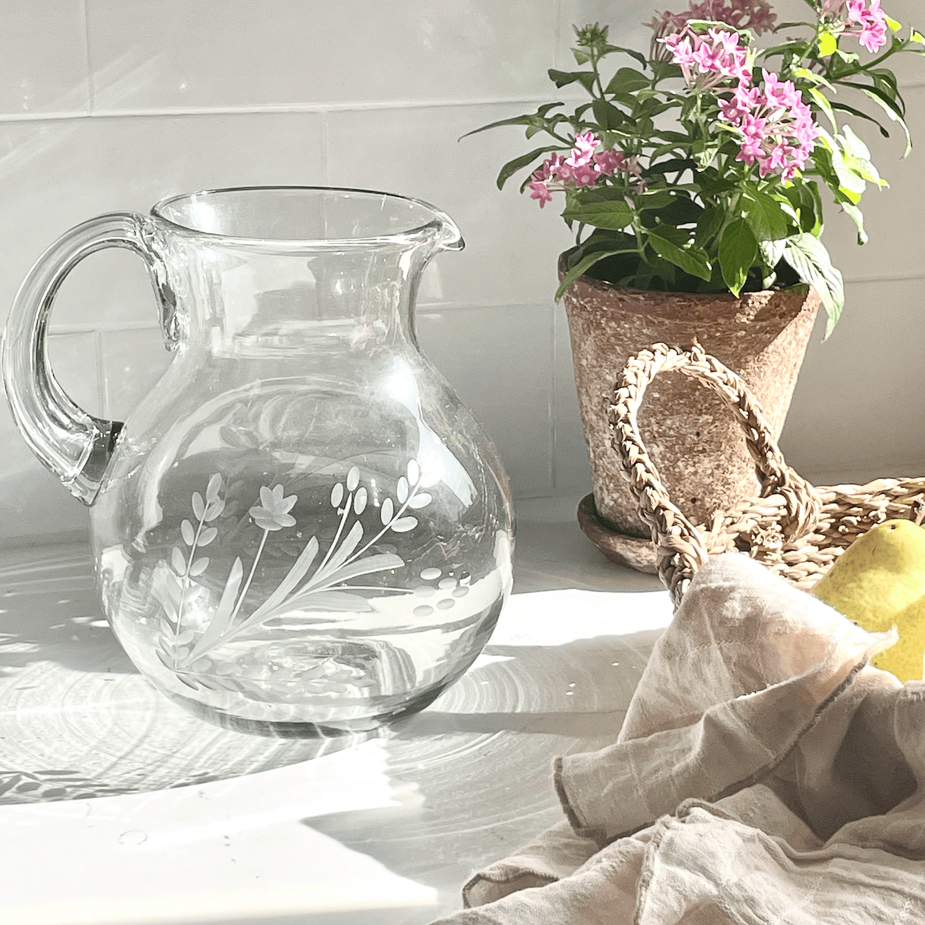 Villa Lua Home Large Hand-etched Blown Pitcher