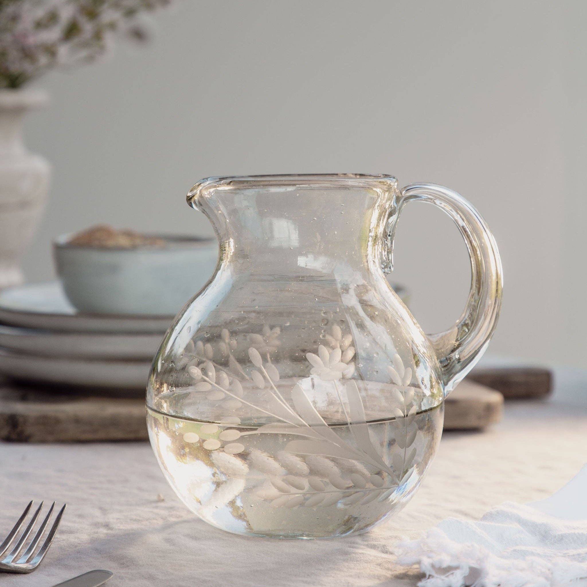 Villa Lua Home Large Hand-etched Blown Pitcher