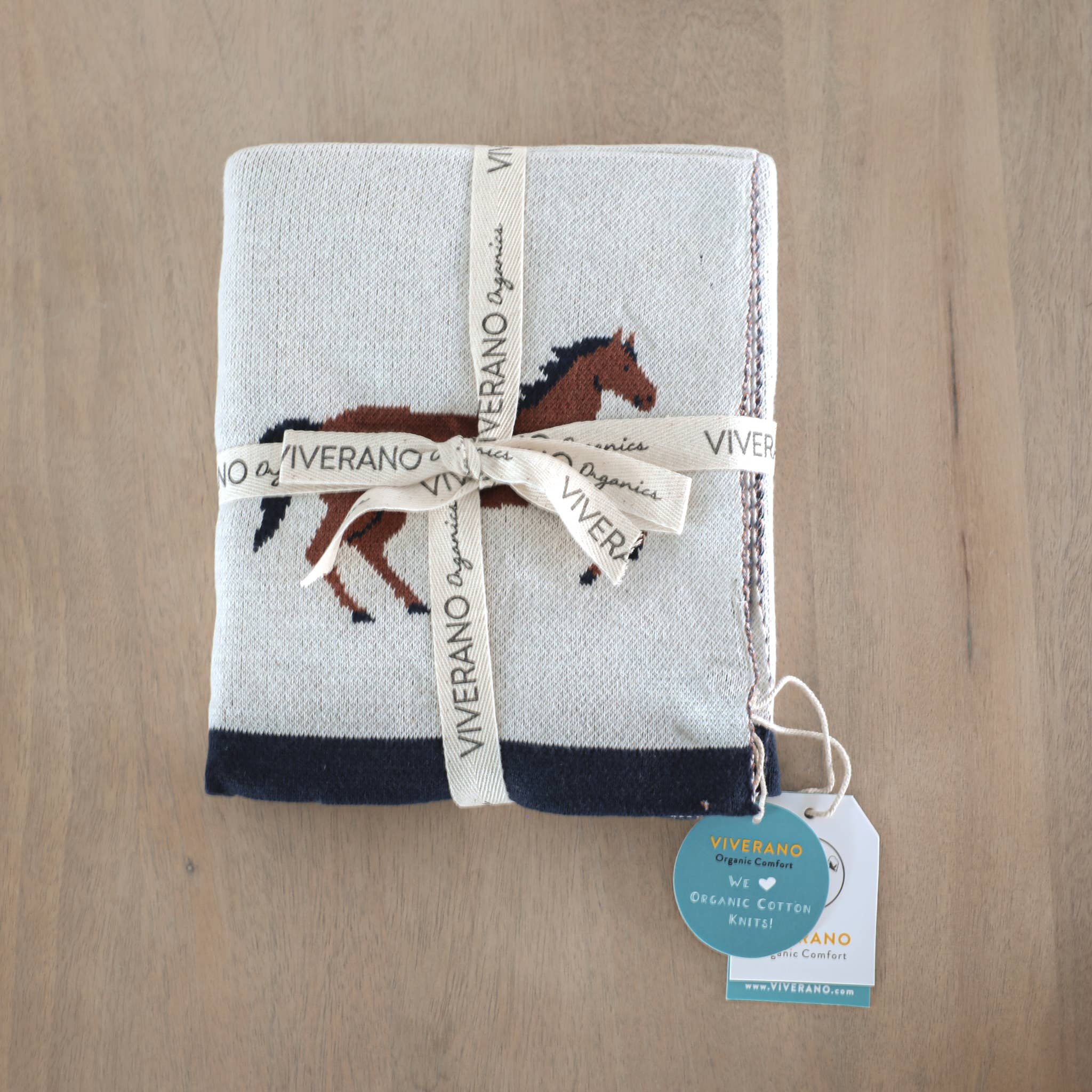 Viverano Organics Baby Blanket Horse - Organic Cotton Jacquard Sweater Knit Baby Blanket