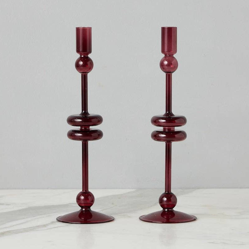 etúHOME SHOP Large Pair, Merlot Glass Candlesticks
