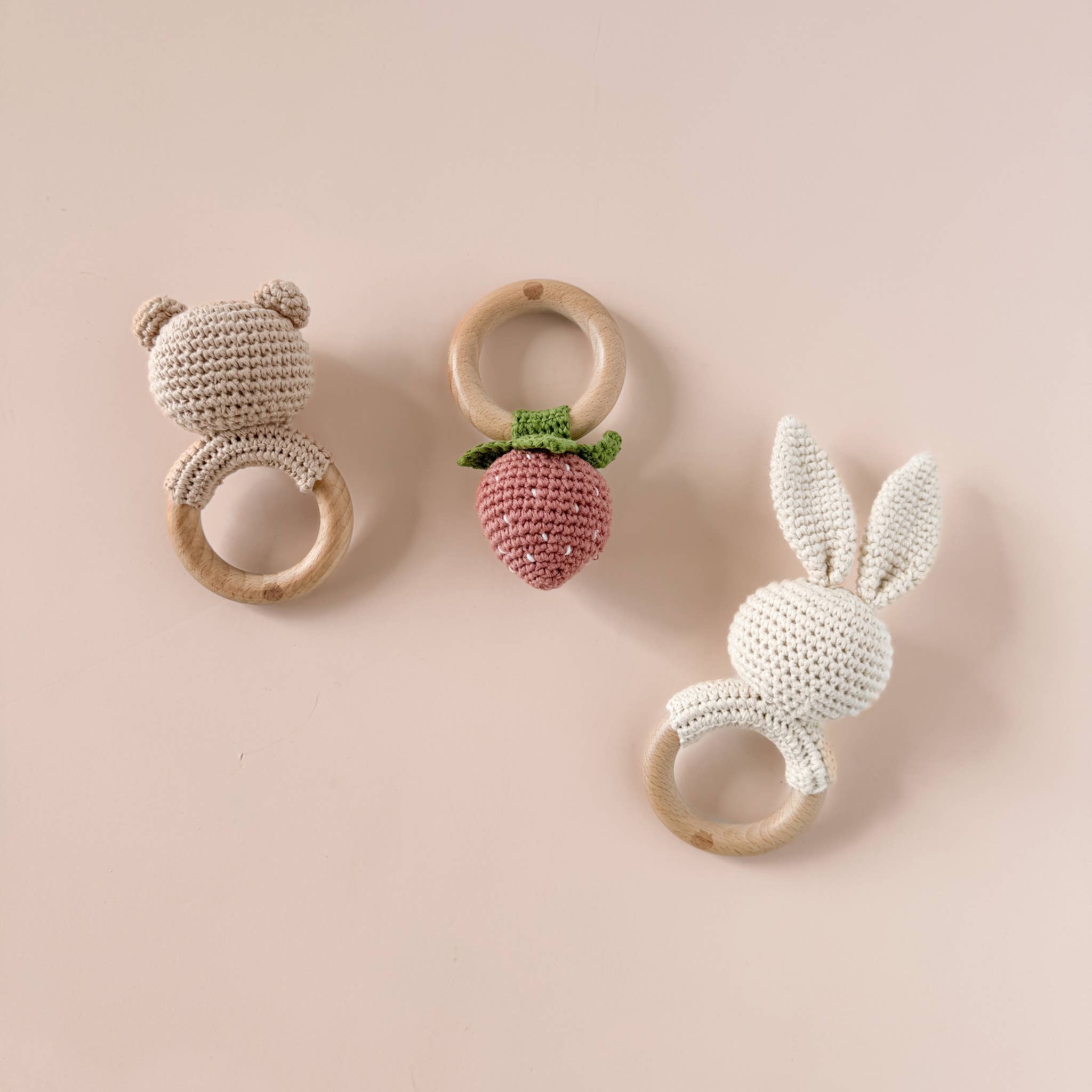 The Blueberry Hill SHOP Pink Strawberry Crocheted Teether Rattle