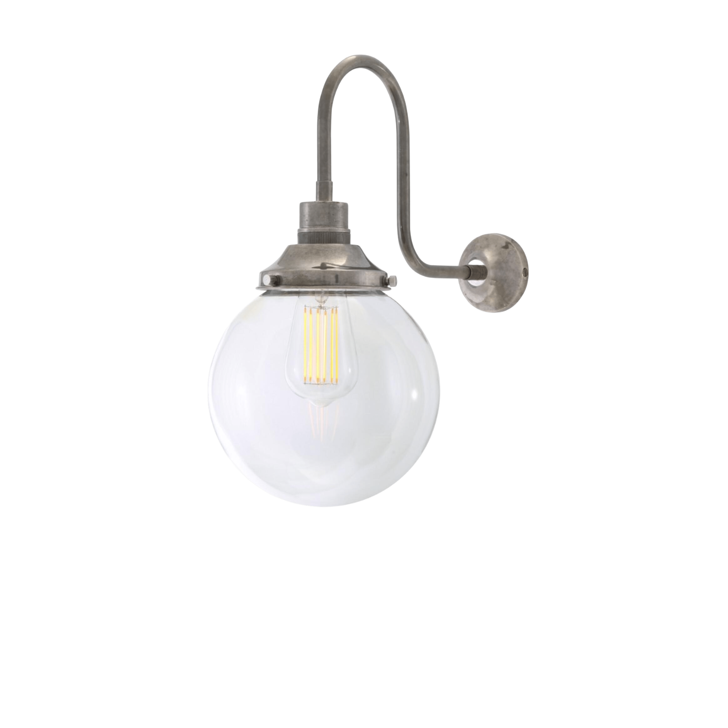 Mullan Lighting Lighting 7.75" Dia / Antique Silver Riad Clear Glass Globe Swan Neck Wall Sconce