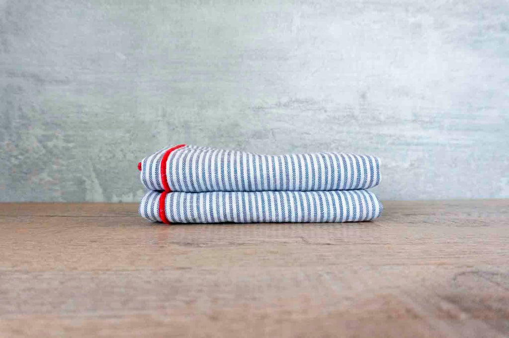 West Coast Handmade Red Stripe Blue Pin Stripe Linen Napkins, Set of 4