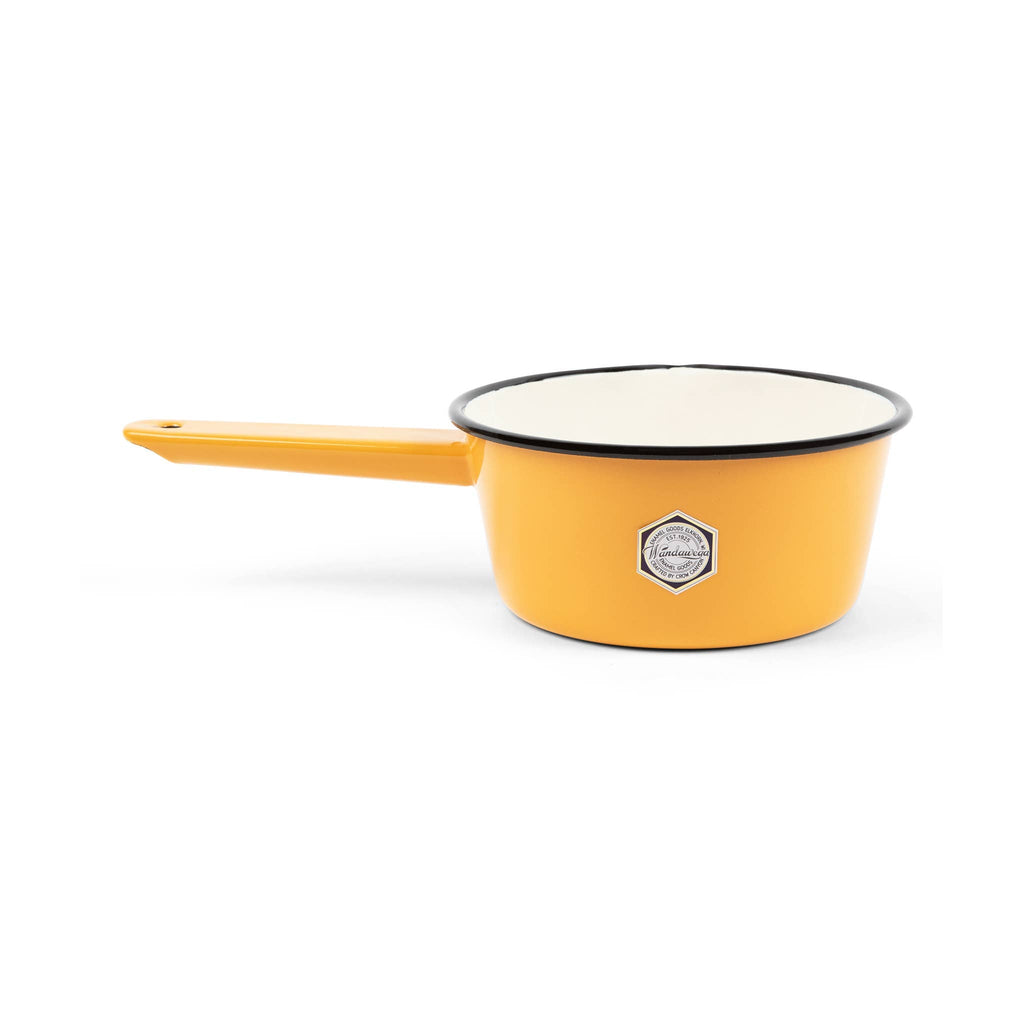 Crow Canyon Home Camp Wandawega x CCH Enamelware Sauce Pot: Mustard Yellow and Cream with Brown Rim