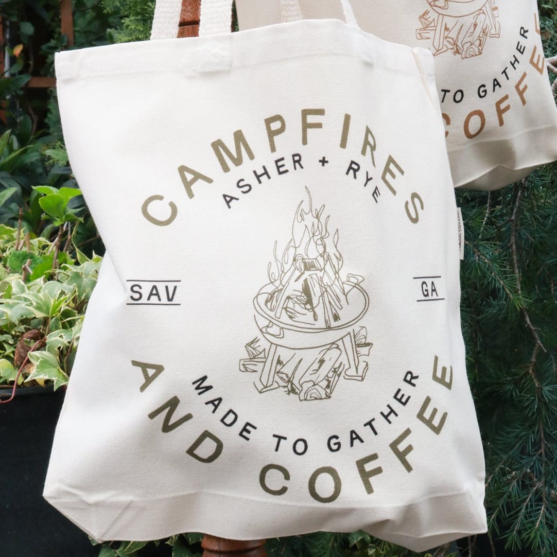 Cotton Creations SHOP Olive Green Campfires + Coffee Tote