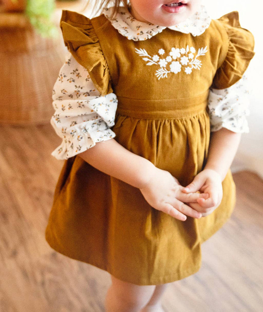 Viverano Organics Corduroy Pinafore Baby Dress + Floral Shirt SET (Organic): Mustard / 3-6M