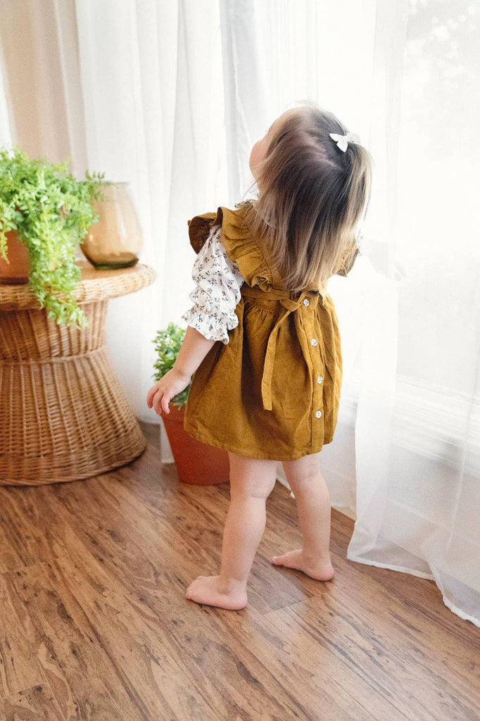 Viverano Organics Corduroy Pinafore Baby Dress + Floral Shirt SET (Organic): Mustard / 3-6M