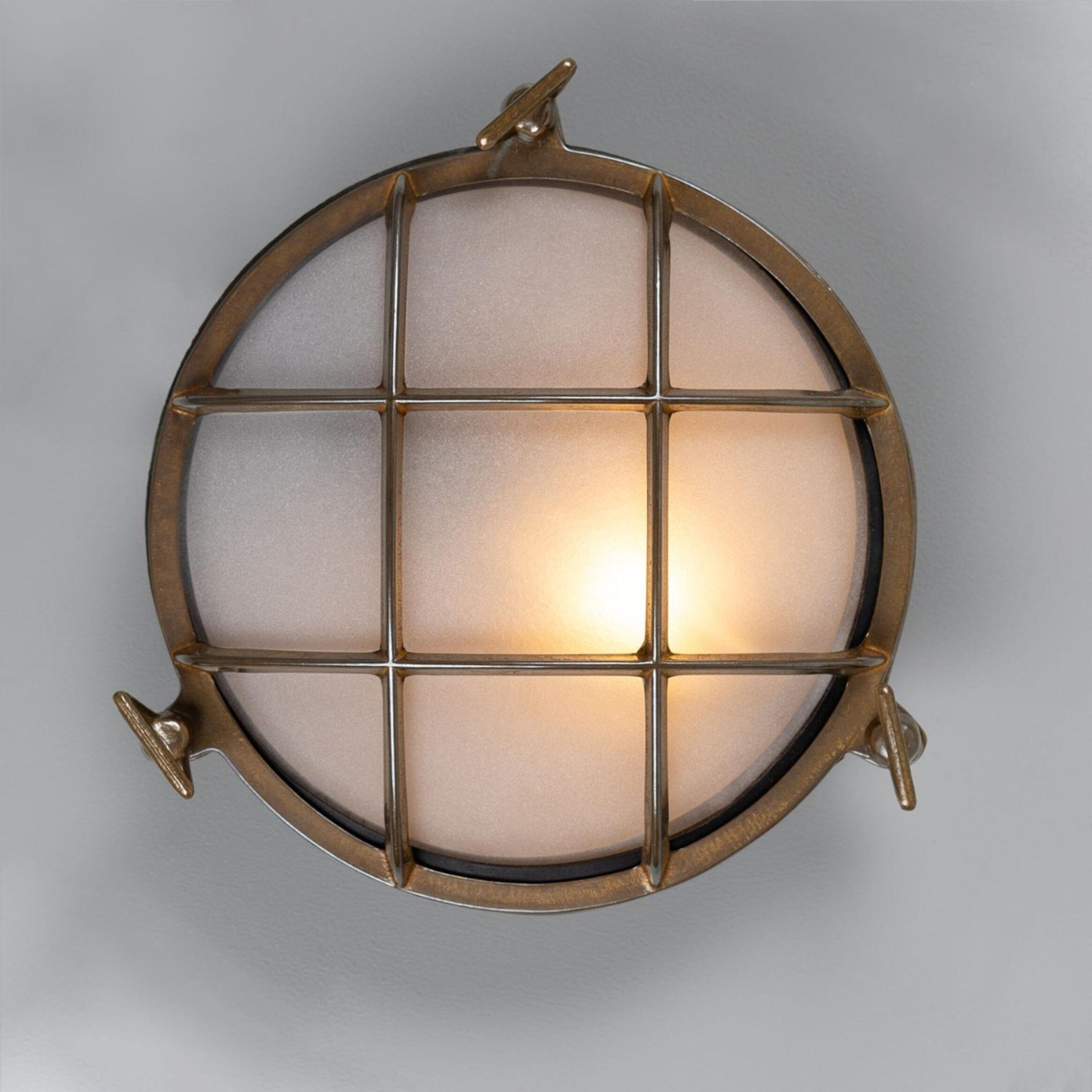 Mullan Lighting Lighting Antique Brass / Frosted Evander Marine Outdoor Round Bulkhead Wall Sconce