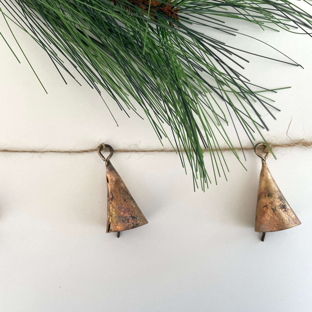 fort & field fort & field - Rustic 72" tin cone shaped brass bell jute holiday garland