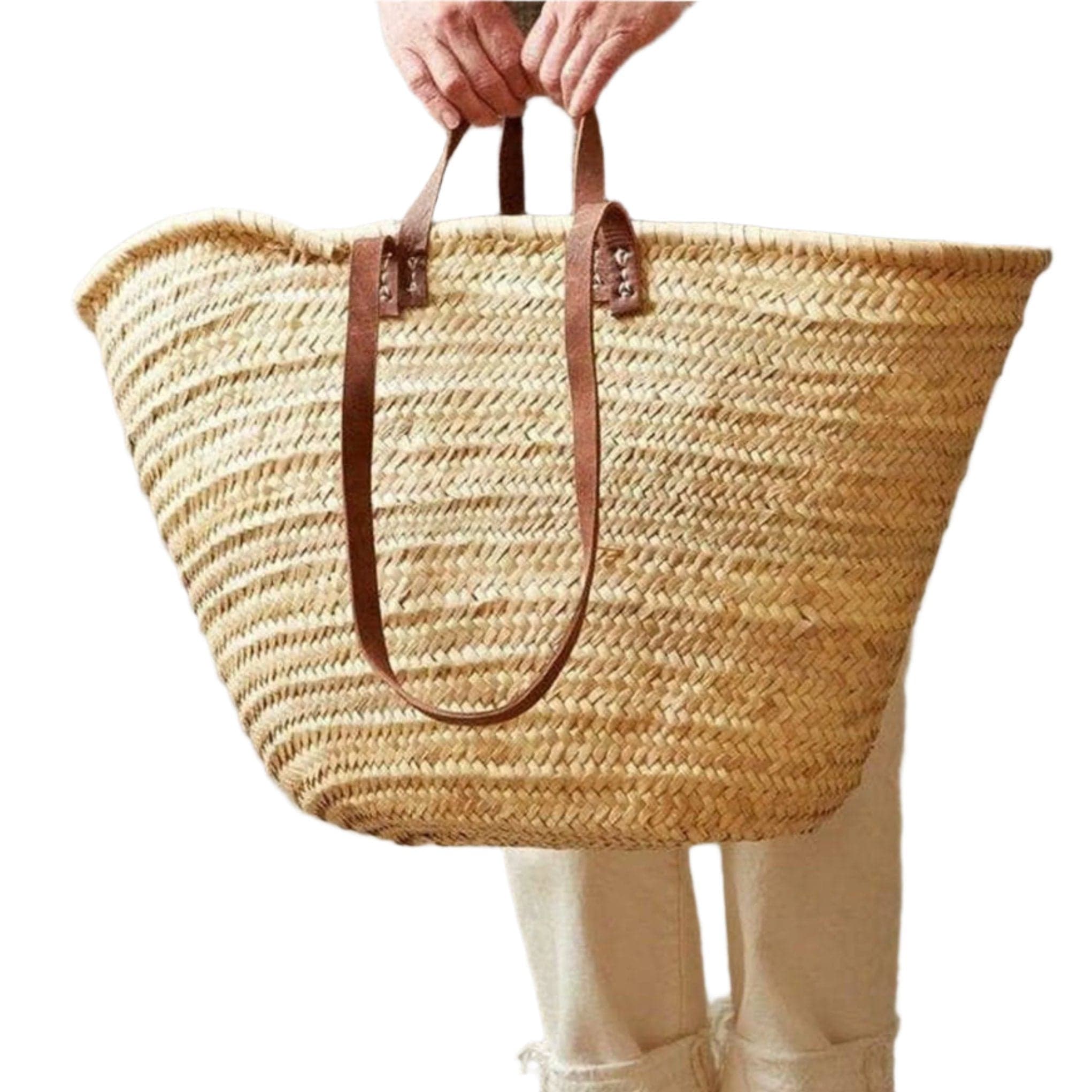 Market Basket Bag Leather hotsell handles , Panier en paille marocain fait main , French basket bag , best Gift For Her