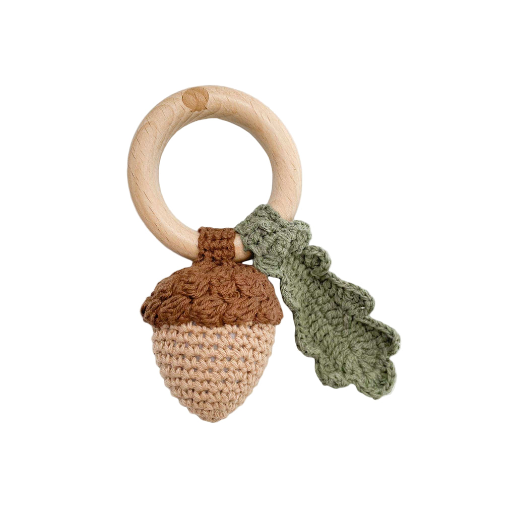 The Blueberry Hill Teether Acorn Cotton Rattle Baby Gift Spring Summer Fall