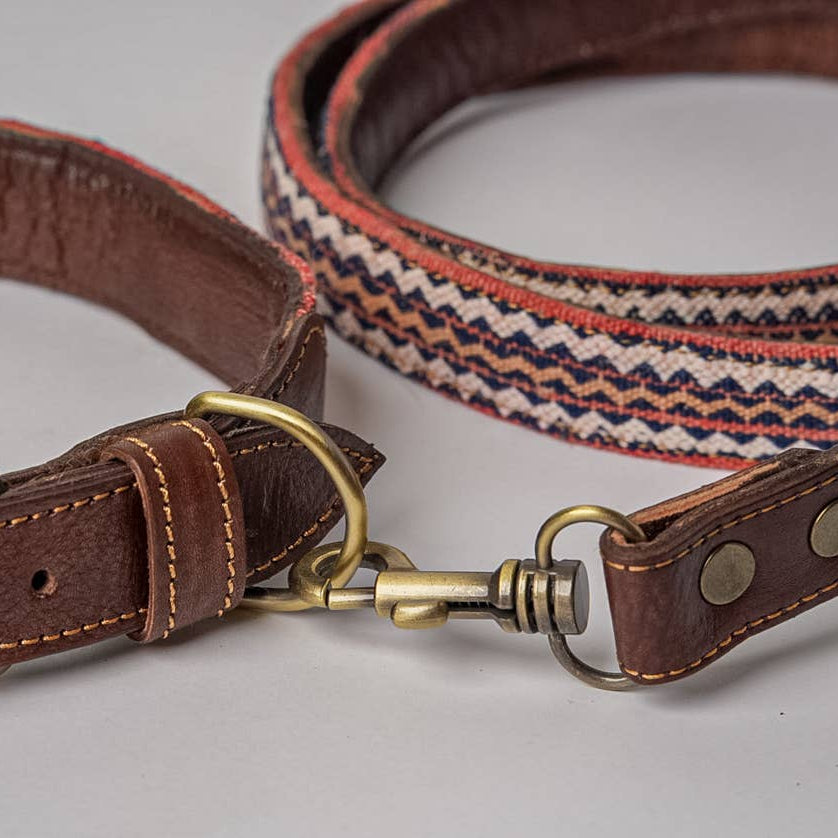 Verve Culture Pet Vintage Kilim & Leather Dog Collar and Leash Set