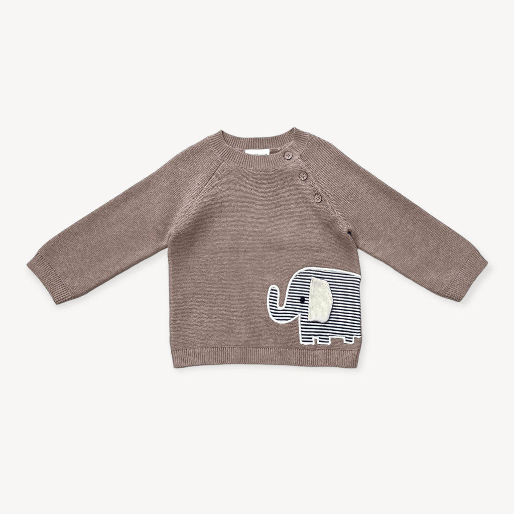 Viverano Organics 0-3 / Cafe Latte Viverano Organics - Elephant Embroidered Baby Knit Pullover (Organic)