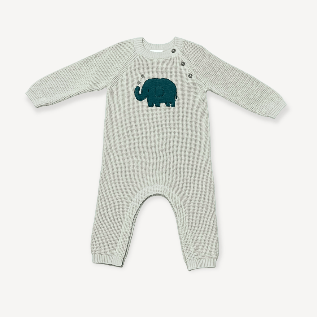 Viverano Organics Stone / 0-3 Viverano Organics - Elephant Jacquard Knit Baby Jumpsuit (Organic)