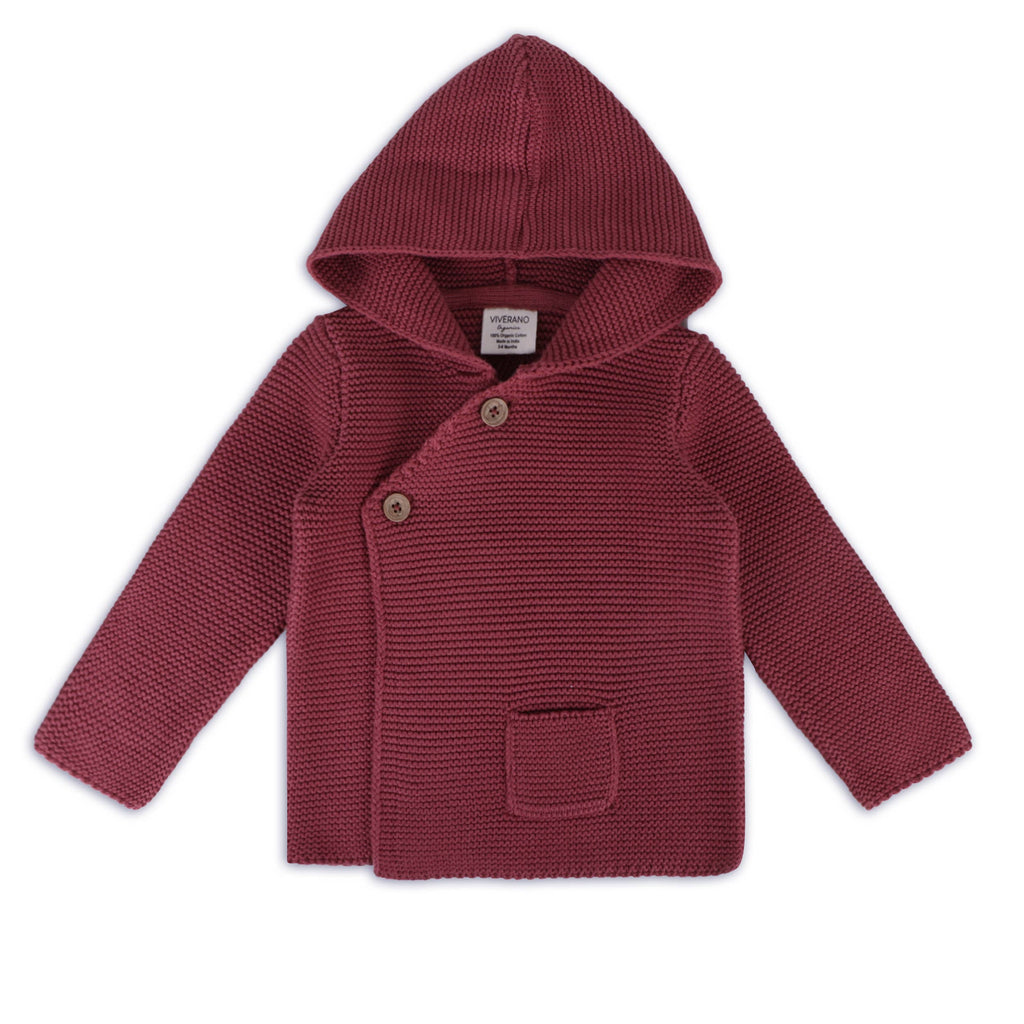 Viverano Organics Berry / 6-12M Viverano Organics - Hooded Button & Pocket Sweater Knit Baby Jacket (Organic)