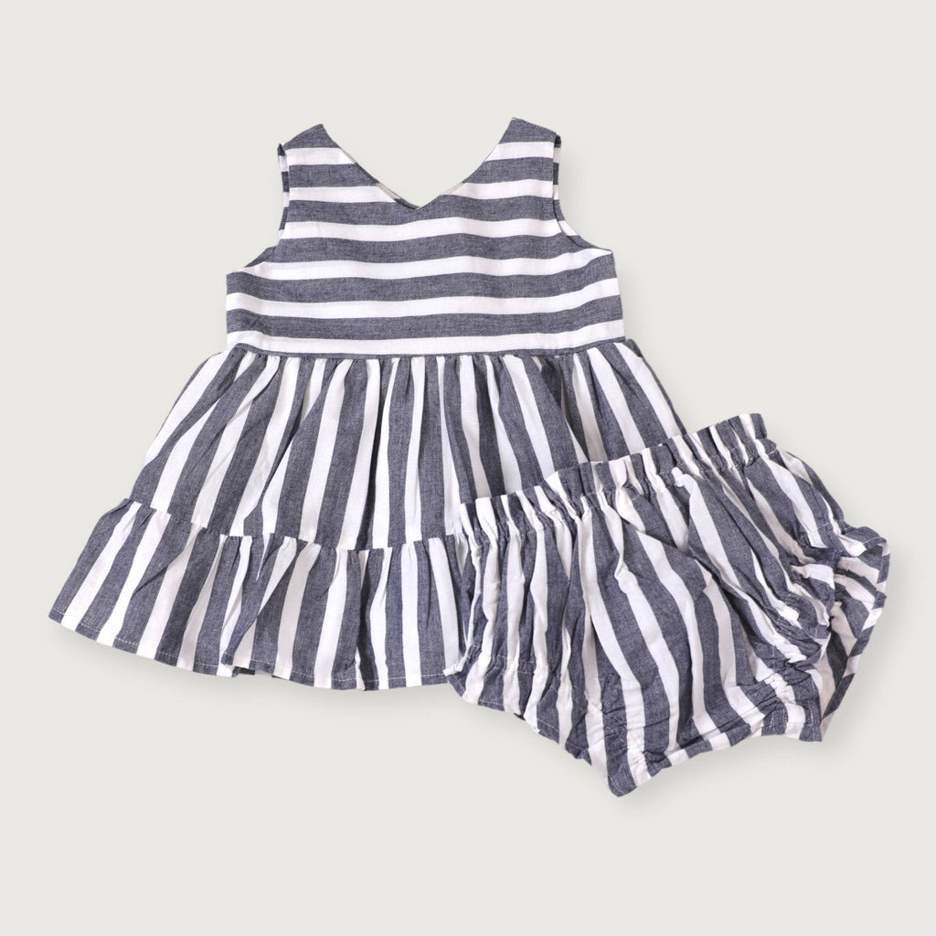 Viverano Organics Viverano Organics - Lina Blue Stripe 2 Tier Baby Dress + Bloomer (Organic)