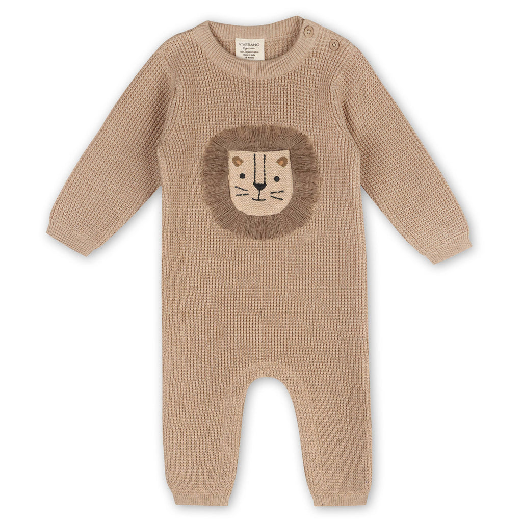 Viverano Organics 0-3M / Oat Heather Viverano Organics - Lion Applique Chunky Sweater Knit Baby Jumpsuit (Organic)