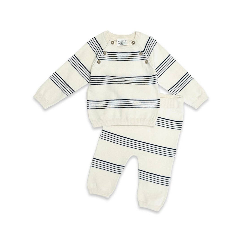 Viverano Organics 0-3M / Natural/ Navy Stripe Viverano Organics - Stripe Sweater Knit Baby Pullover & Pants 2pc SET (Organic)