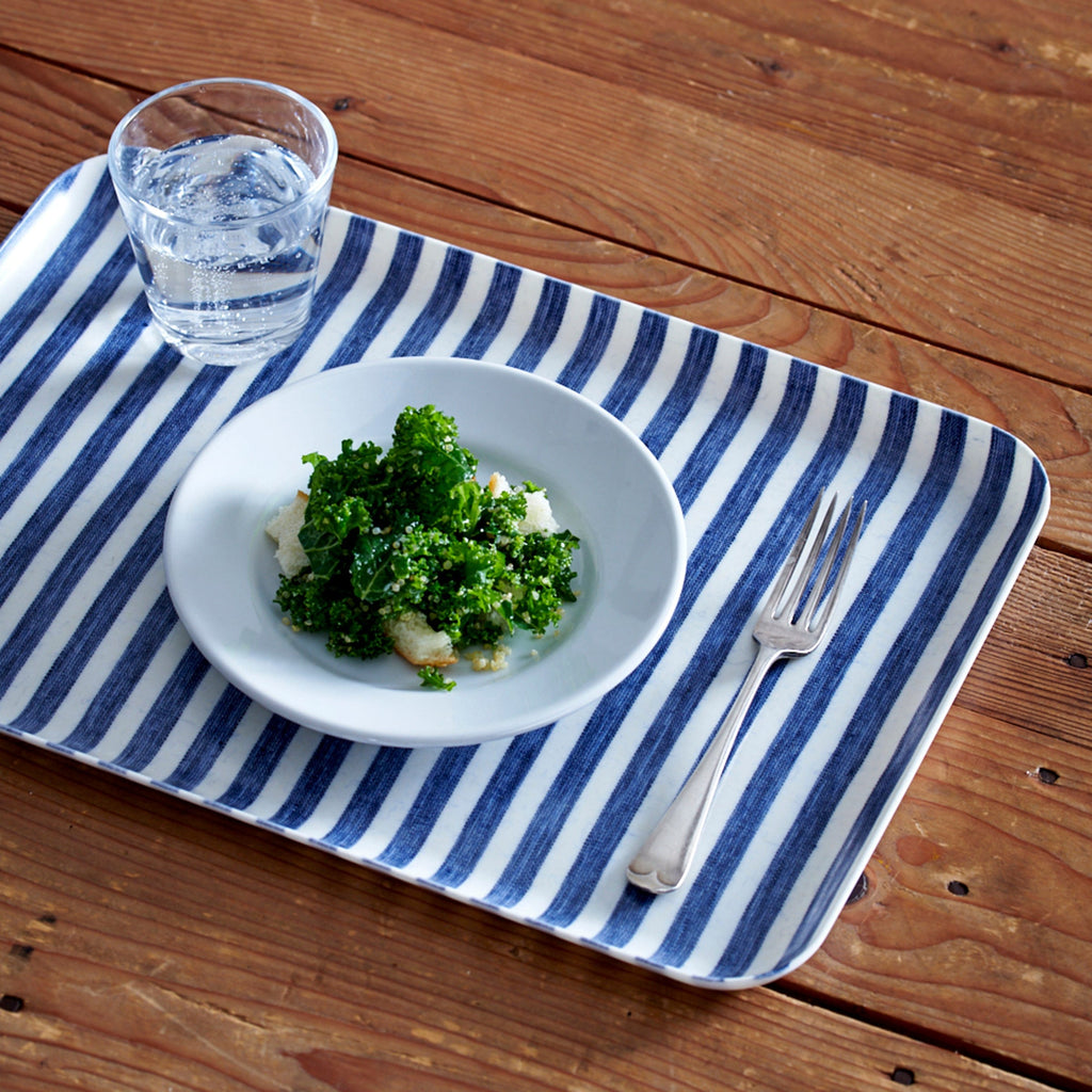 Fog Linen Work Kitchenware White & Blue Stripe Linen Tray, Large