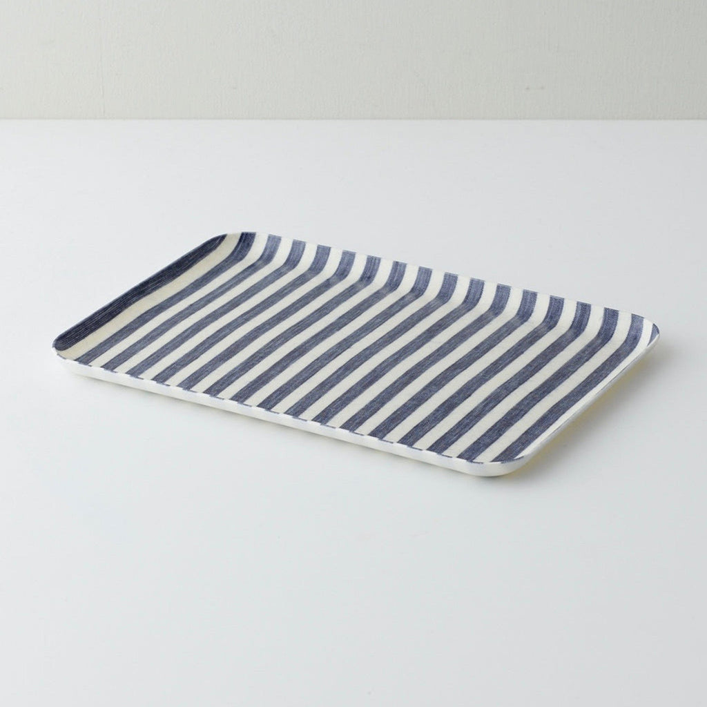 Fog Linen Work Kitchenware White & Blue Stripe Linen Tray, Medium