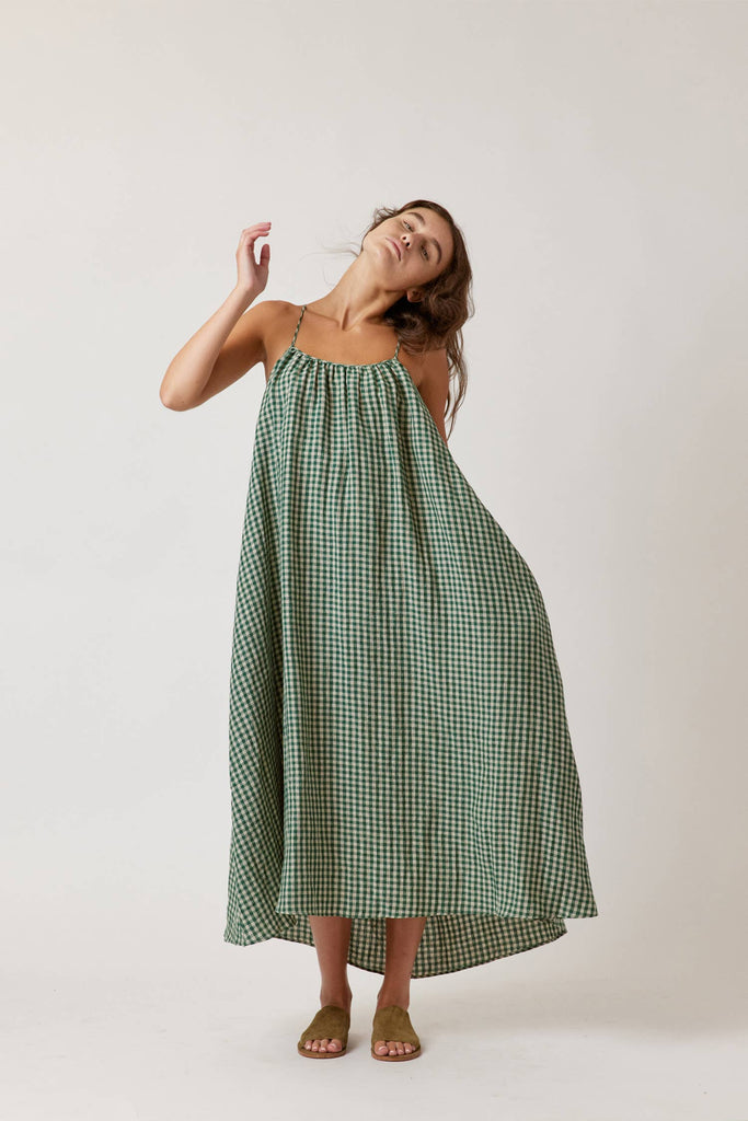 a mente XS/S / Kelly Green / 100% Linen a mente - Tie-back gingham ankle dress