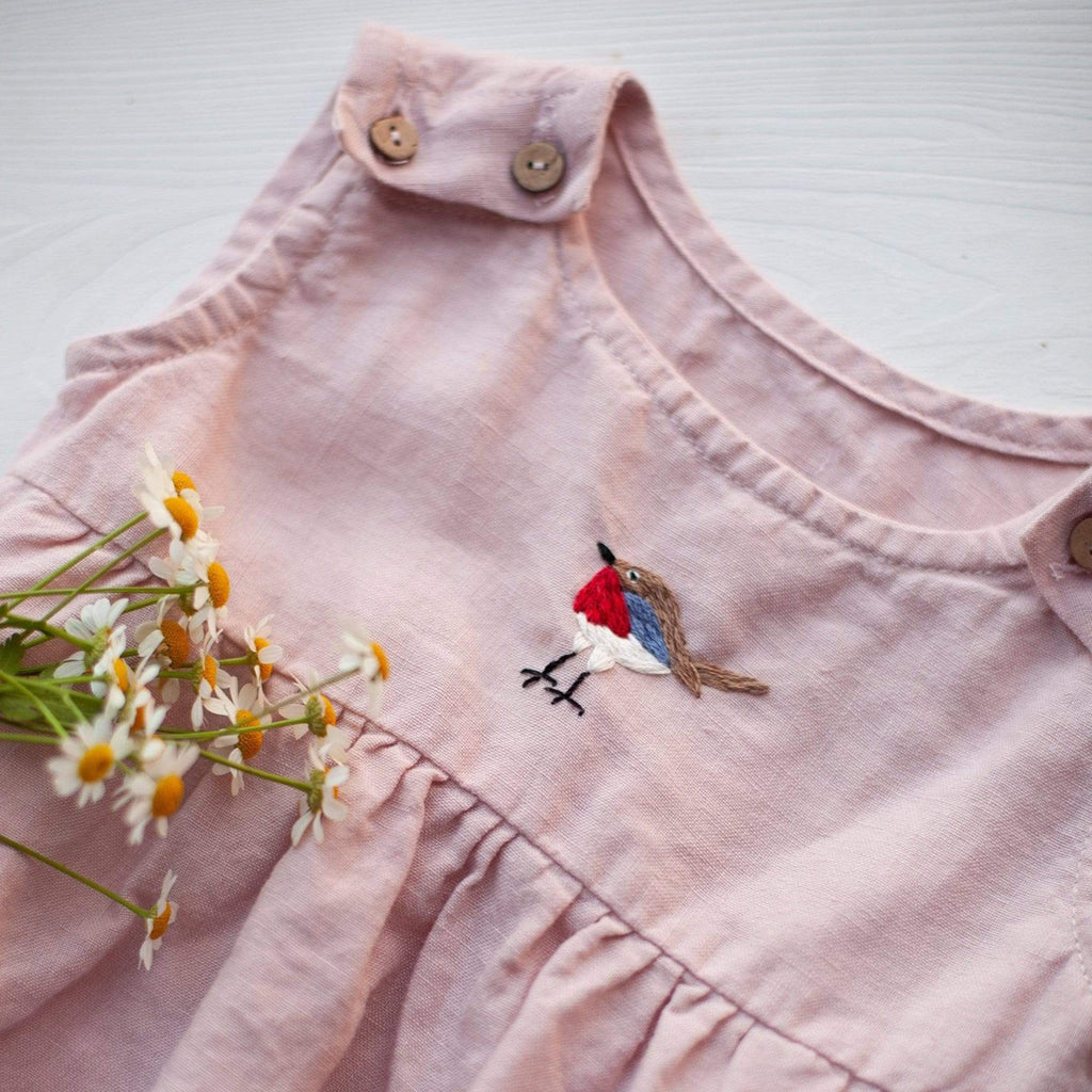 La Petite Alice Child Pastel Pink / Robin Ariel Embroidered Linen Baby Romper