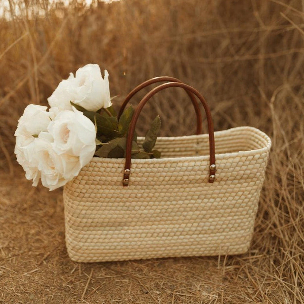 LEAH Juniper Straw Market Tote With Leather Handles